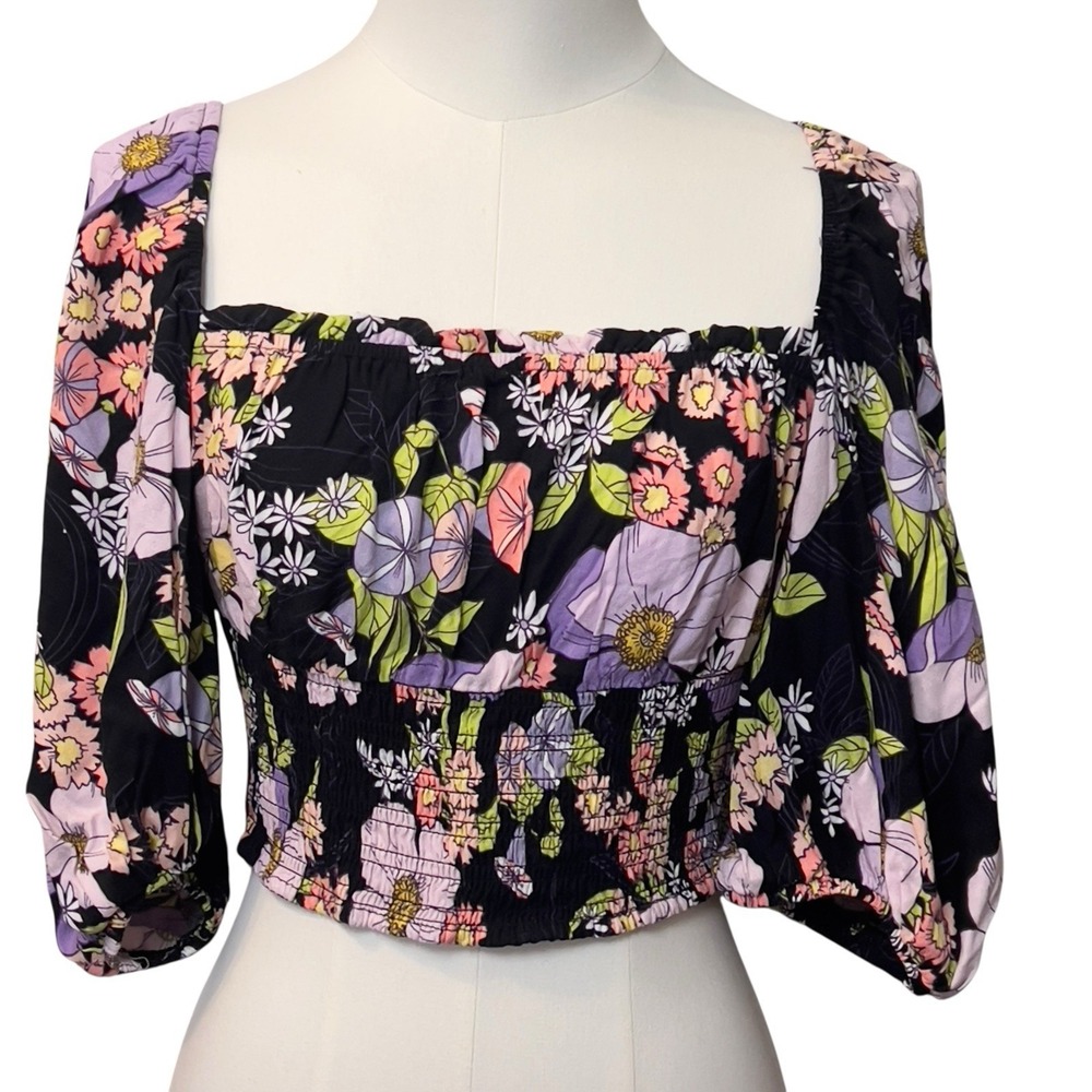 AFRM Black Floral Cropped Top 1/2 Sleeve‎ Square Neck Smocked Waist Medium NEW